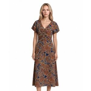 New Jigsaw London Midi Dress Women's Size 4 Navy Blue Floral Ruched V Neck